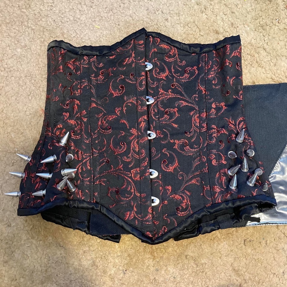 Black & Red Brocade Steel-Boned Corset Waist Cincher with Spikes